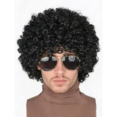 Imagem de LeMarnia Peruca Afro Dos Anos 70 E 80, Cabelo Curto Cacheado, Preto, Masculino Feminino, Fantasia De Halloween, Disco Rock Hippie