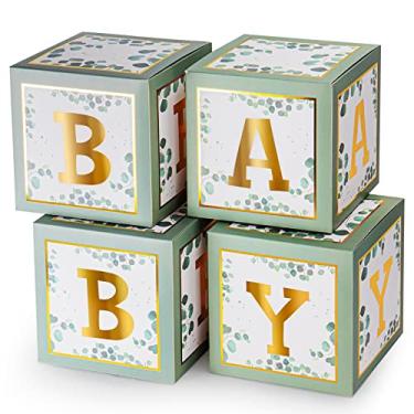 Imagem de Keencopper Decorações de chá de bebê verde sálvia, 4 caixas de balão de bebê com letras Bloco de decoração de chá de bebê para meninos e meninas, acessórios de foto de aniversário, artigos de festa reveladores de gênero