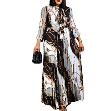 Imagem de Vestidos femininos estampados manga longa multicolorida esvoaçante vestido maxi de festa casual outono vestidos longos vestido de casamento plus size, preto, M