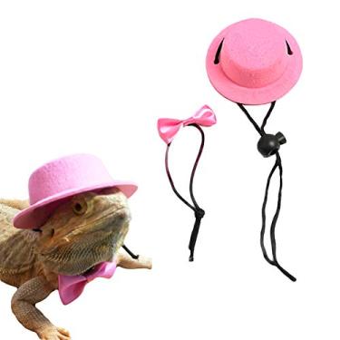 Imagem de SEIS 2 peças de chapéu de lagarto de dragão barbado e gravata borboleta preta para répteis com gravata borboleta, chapéu legal para animal de estimação pequeno traje para cosplay esculpido (rosa)