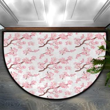 Imagem de Tapete de porta meio redondo, rosa Sakura florescendo durável antiderrapante meia circunferência tapete lavável meia lua tapetes de lareira resistentes decoração tapetes semicírculo para quarto interno, sala de estar, cozinha