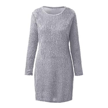 Imagem de Vestido feminino de manga comprida para outono e inverno, casual, gola redonda, malha de algodão midi, suéter pulôver, Cinza, P