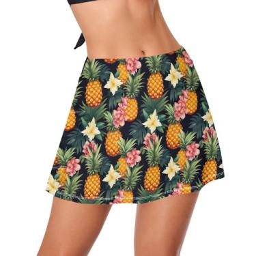 Imagem de CHIFIGNO Saia de natação feminina de cintura alta com calcinha de secagem rápida, Abacaxis dourados e flores amarelas, PP