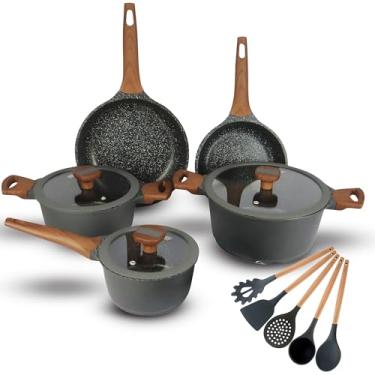 Imagem de Jogo de Panelas 10 Peças Titanium Exclusive Antiaderente Bkza by MTA - Conjunto de Panelas Fundo Triplo - 5mm de Espessura - Com Caçarolas Panela Frigideiras e Utensílios - Em Alumínio