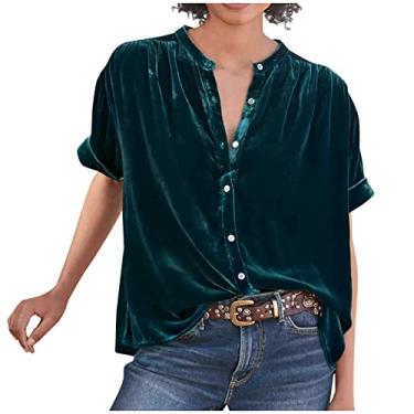 Imagem de Tops femininos outono inverno manga curta gola V veludo elegante franzido blusas camisas femininas 2024, F-752 Verde limão, M