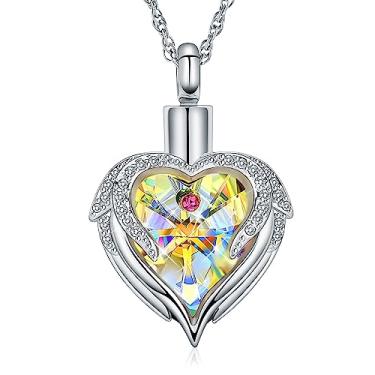 Imagem de shajwo Joias de cremação Colar de urna de coração com asa de anjo para cinzas para mulheres pingente de cinzas de animais de estimação humano memorial, Aço inoxidável, aço inoxidável