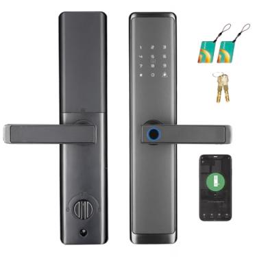 Imagem de wisuwore Fechadura inteligente de entrada sem chave com alça, fechadura de porta WiFi com controle de aplicativo Tuya, fechaduras de porta com teclados, senha anti-espião, trava automática e