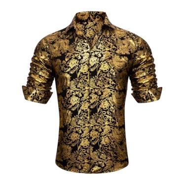 Imagem de Barry.Wang Camisetas masculinas Paisley Muscle Shirt vestido de seda botão manga longa regular tops moda flor casamento/formal, Estampa dourada e preta, GG