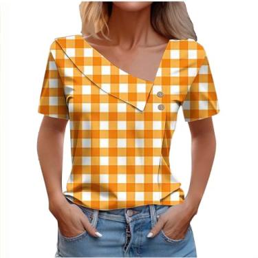 Imagem de Duobla Blusa feminina verão 2024 xadrez bolinhas manga curta gola V botão assimétrico blusa túnica casual moda primavera, Amarelo, M