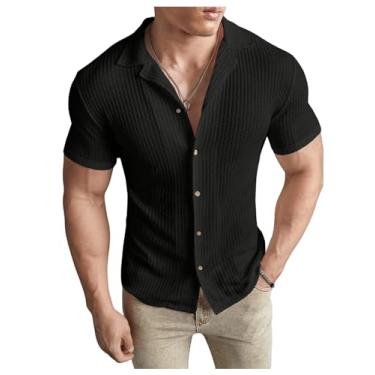 Imagem de SOLY HUX Camisetas masculinas de verão com botões de manga curta casuais de malha para trabalho, Preto liso, P