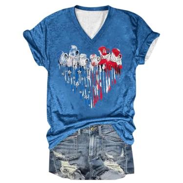 Imagem de Camiseta feminina 4th of July American Red White Blue Star Stripes Wine Cup Graphic Camiseta manga curta gola V patriótica camiseta top, Azul, M