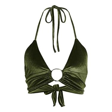 Imagem de Camiseta feminina frente única frente única estilo streetwear clube patchwork, Verde militar, GG
