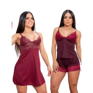 Imagem de KIT Camisola e Baby Doll Pijama Sexy Renda Feminina Sedução - Ninfrodi