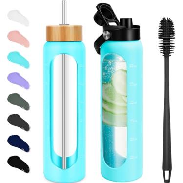 Imagem de FULBEVY Garrafas de água de vidro de 946 ml - Marcador de tempo de garrafa de água motivacional de 1 litro - Garrafa de água de vidro borossilicato com manga de silicone e 2 tampas, bico de alça e