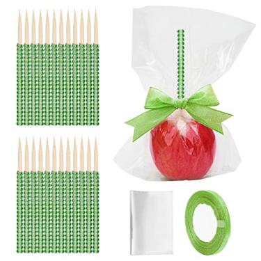 Imagem de Kit de bastão de bambu com 48 + 1 peça, bastão brilhante Anglecai 24P para espetos de madeira com strass de maçã, com 24P sacos, 1P fita de glitter de 25 jardas, bastão brilhante para petiscos crocantes de maçã e pirulito de caramelo