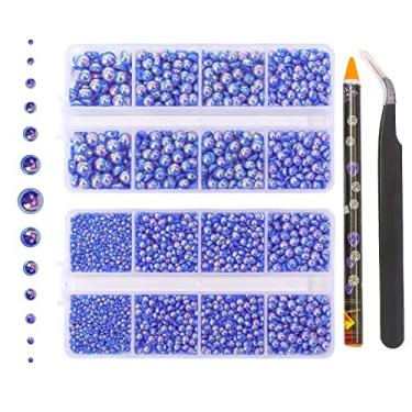 Imagem de 6540 peças de strass em resina azul profundo AB pérolas de costas planas, tamanho misto 2/3/4/5/6/8/10 mm contas de pérola meia redonda pedras de strass com pinças e lápis selecionador para artesanato decoração de unhas DIY