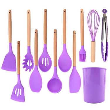 Imagem de Kit 12 Utensílios Jogo De Cozinha De Silicone Com Espatulas Pincel Batedor Manual Roxo