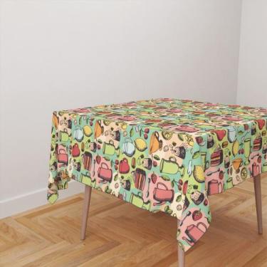 Imagem de Toalha De Mesa Quadrada 4 Lugares Tecido Oxford Café da Manhã Bules e 