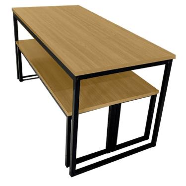 Imagem de Conjunto para Refeitório Estilo Industrial Mesa com 2 Bancos Separados Nogal/Preto