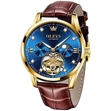 Imagem de OLEVS Relógios masculinos de couro automáticos mecânicos esqueleto turbilhão diamante luxo relógio de pulso relógio de pulso lua fase impermeável luminoso, Azul, Luxuoso