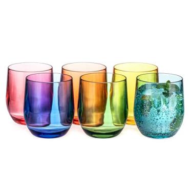 Imagem de MIYOPESI Copos de vinho coloridos sem haste grossa de 400 ml, conjunto de 6, acrílico, resistente a estilhaçamento, livre de BPA, lavável na máquina
