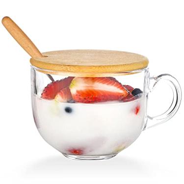 Imagem de WHJY Copo de vidro transparente com tampa para bebidas quentes, copo de sopa de aveia com tampa e colher, copo para micro-ondas, 470 ml