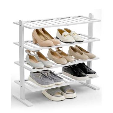 Imagem de Varhomax Sapateira branca, organizador de sapateira de bambu de 4 camadas para armário e entrada, prateleira de sapatos de madeira grossa para espaços pequenos, resistente e versátil para quarto e