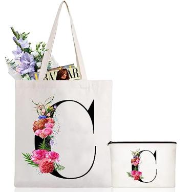 Imagem de Andeiltech Sacola de lona com inicial, estampa floral, bolsa de maquiagem personalizada com monograma, presente para damas de honra, aniversário e casamento, Letra Floral_c, Large