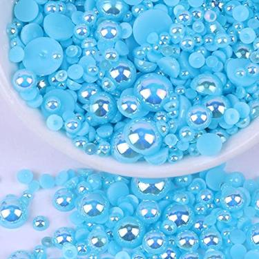 Imagem de Pérolas de fundo plano para artesanato, 50 g azul lago cor AB meia pérola para artesanato, tamanho misto 3/4/5/6/8/10 mm contas de pérolas meia redondas para artesanato copos de sapatos, copos de roupas, projetos de arte de rosto de unhas