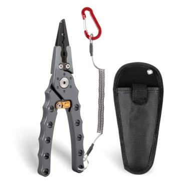 Imagem de Cabom Nytex Alicate de pesca com trava de segurança, liga de alumínio 20 cm com removedor de gancho, alicate de pesca para água salgada gelo de água doce, material de pesca para homens