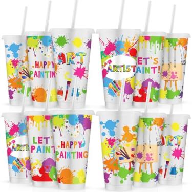 Imagem de Jenaai Pacote com 12 copos de pintura artística de 680 g copos com canudos e tampas copos de plástico reutilizáveis para pintura de arte suprimentos de festa decorações de festa