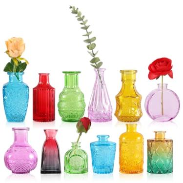 Imagem de STARSIDE Conjunto de 12 vasos de vidro coloridos a granel, pequeno vaso vintage para centros de mesa, decorações de casamento rústicas, decoração de flores de mesa para casa