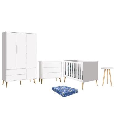Imagem de Dormitório Infantil Theo Retrô 3 Portas, Cômoda, Berço, Mesa de Apoio com Pés Madeira Natural e Colchão - Reller Móveis Branco Fosco