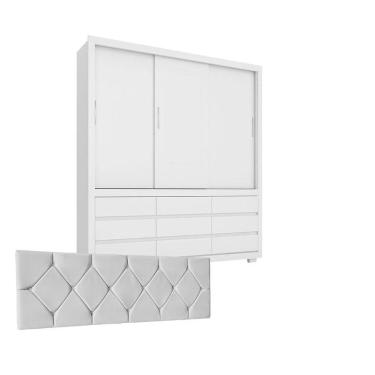 Imagem de Quarto de Casal Guarda Roupa Detroit com Cabeceira Mariana 140 cm Branco – Demóbile