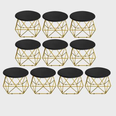 Imagem de Kit 10 Mesa de Centro Lol Industrial Pé Ferro Dourado Tampo Madeira Preto - Ahazzo Móveis