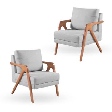 Imagem de Kit 2 Poltronas Decorativa Mona Luxo Linho Cinza e Base Madeira Maciça