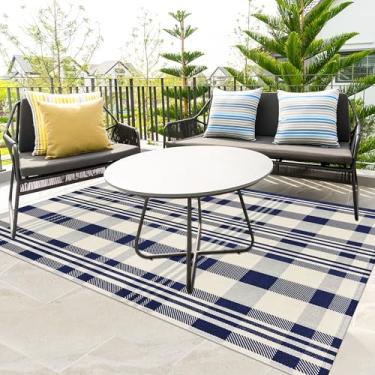 Imagem de Aoczes Tapete xadrez Buffalo para ambientes externos, 10 x 15 cm, de algodão, azul marinho e off-white, decoração de varanda frontal, lavável, interior, exterior, para sala de estar, quarto, sala de