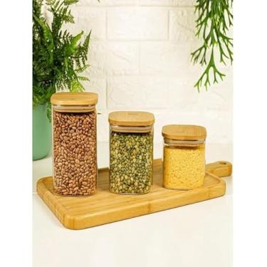 Imagem de Kit 3 Potes De Vidro HerméTicos Com Tampa De Bambu Quadrado 200 ml 250ml 300 ml