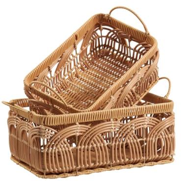 Imagem de VinneGenzz Conjunto De 2 Cestos Vime Plástico Decorativos, Boêmios, Artesanais, Para Banheiro, Prateleira, Armário, Pano, Recipiente Papel Higiênico, Organizador Roupas Com Alças E Forro Removível