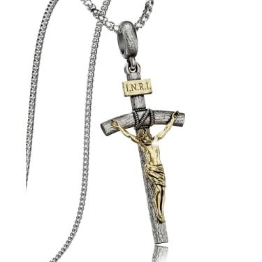 Imagem de ZENLUNANO Colar de crucifixo católico para homens e mulheres, colar de prata antiga/ouro/prata com pingente requintado de Jesus, corrente de aço inoxidável de 45 a 76 cm, presente de joia cristã, 22