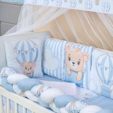 Imagem de Kit Mini Berço com 12 peças  Saia de Berço Bebê Menino Urso Baloeiro -