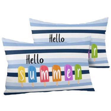 Imagem de EwdeWwo Capas de almofada impermeáveis para o verão ao ar livre 50 x 30 cm, conjunto de 2, listras ombré de sorvete, fronhas decorativas quadradas para pátio, móveis, sofá, varanda, jardim