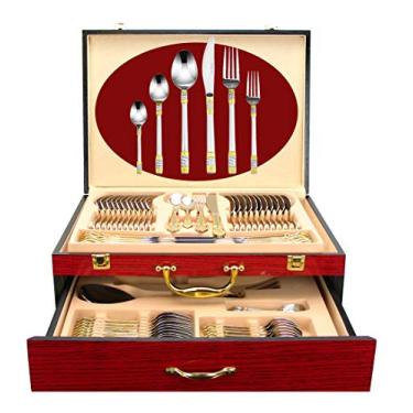 Imagem de Conjunto de talheres de ouro luxuosos da Venezia Collection, 75 peças, para 12 c/estojo de armazenamento de madeira, serviço de talheres de jantar premium banhado a 24 quilates, 18/10 cerâmica, talheres de aço inoxidável cirúrgico, conjunto de servir em um tórax, Luxor, 1