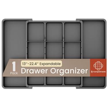 Imagem de Organizador de gaveta expansível preto, 1 pacote, ajustável de 33 a 56,9 cm, organizador de talheres com 5 compartimentos para utensílios de cozinha, espátulas, talheres e ferramentas, fácil de limpar