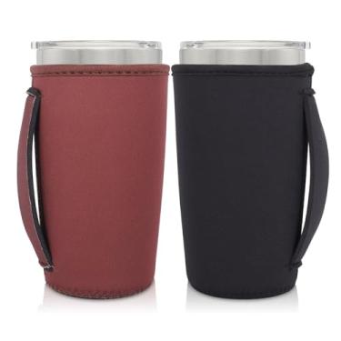 Imagem de AJLTPA Suporte de copo com isolamento de neoprene com alça para copos de 590 ml, manga reutilizável para café gelado compatível com Starbucks Trenta, Dunkin Grande, mais (preto e marrom (embalagem com
