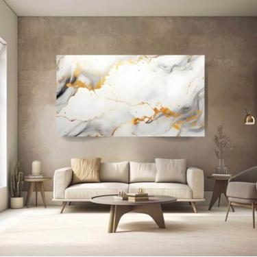 Imagem de Quadro Decorativo 90x60 Abstrato Branco e Dourado Impresso em Tela Canvas Bordas Infinitas