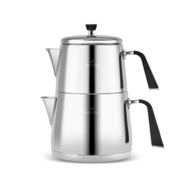 Imagem de Karaca Conjunto de bule de chá turco de aço inoxidável Fiona GG, bule de chá de 1 L e tanque de água de 2 L (chaleira), compatível com fogão/indução, design prateado elegante, fácil de limpar, alças