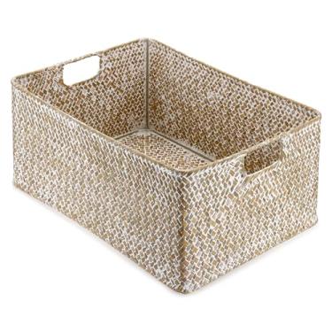 Imagem de Hipiwe Cesto de armazenamento de algas marinhas retangular, caixa de armazenamento de vime tecida à mão com alça aberta para armário organizador de prateleiras, banheiro, 39,9 cm C x 30 cm L x 19 cm A