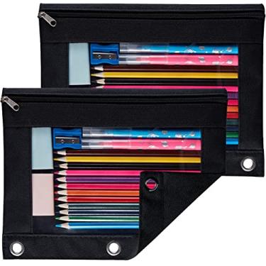 Imagem de Sooez Bolsa de lápis para fichário de 3 anéis, 2 pacotes com bolsa de lápis transparente para janela com zíper e ilhós reforçados, estojo para fichário preto e preto