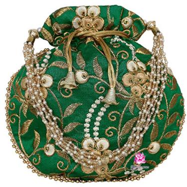 Imagem de Bolsa Potli feminina de ouro étnico, detalhes florais com alça de pérola, fecho de cordão, alça de pérolas, bolsa clutch Batwa, Garrafa verde, Medium